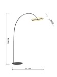 Lampa podłogowa Brest w kolorze czarnym i złotym, wykonana z metalu, z okrągłym kloszem na długim, łukowatym ramieniu. Stojąca na okrągłej podstawie, z wymiarami H1800 mm, L1170 mm i W420 mm.