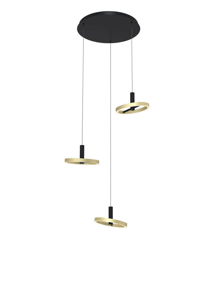 Lampa wisząca Brest z trzema okrągłymi kloszami LED w kolorze czarnym i złotym. Klosze zawieszone na cienkich linkach, montowane do okrągłej podsufitki. Nowoczesny design, idealna do wnętrz.