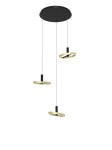 Lampa wisząca Brest z trzema okrągłymi kloszami LED w kolorze czarnym i złotym. Klosze zawieszone na cienkich linkach, montowane do okrągłej podsufitki. Nowoczesny design, idealna do wnętrz.