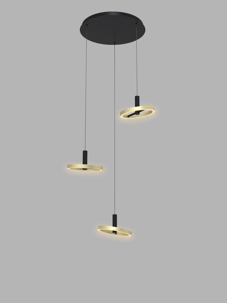 Lampa wisząca Brest z trzema okrągłymi źródłami światła LED, w kolorze czarnym z złotymi detalami. Zawieszona na czarnym stelażu, w minimalistycznym stylu, idealna do nowoczesnych wnętrz.