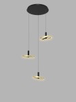 Lampa wisząca Brest z trzema okrągłymi źródłami światła LED, w kolorze czarnym z złotymi detalami. Zawieszona na czarnym stelażu, w minimalistycznym stylu, idealna do nowoczesnych wnętrz.