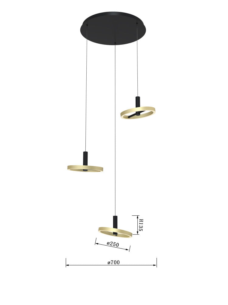 Lampa wisząca Brest z trzema źródłami LED, o mocy 21W, w kolorze czarnym i złotym. Posiada okrągłe klosze o średnicy 25 cm, zawieszone na cienkich linkach z regulacją wysokości. Montowana na okrągłej podsufitce.