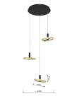 Lampa wisząca Brest z trzema źródłami LED, o mocy 21W, w kolorze czarnym i złotym. Posiada okrągłe klosze o średnicy 25 cm, zawieszone na cienkich linkach z regulacją wysokości. Montowana na okrągłej podsufitce.