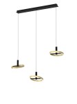 Lampa wisząca Brest z trzema okrągłymi kloszami LED w kolorze czarnym i złotym. Klosze zawieszone na cienkich linkach, montowane do prostokątnej podstawy. Nowoczesny design z minimalistycznym wykończeniem.