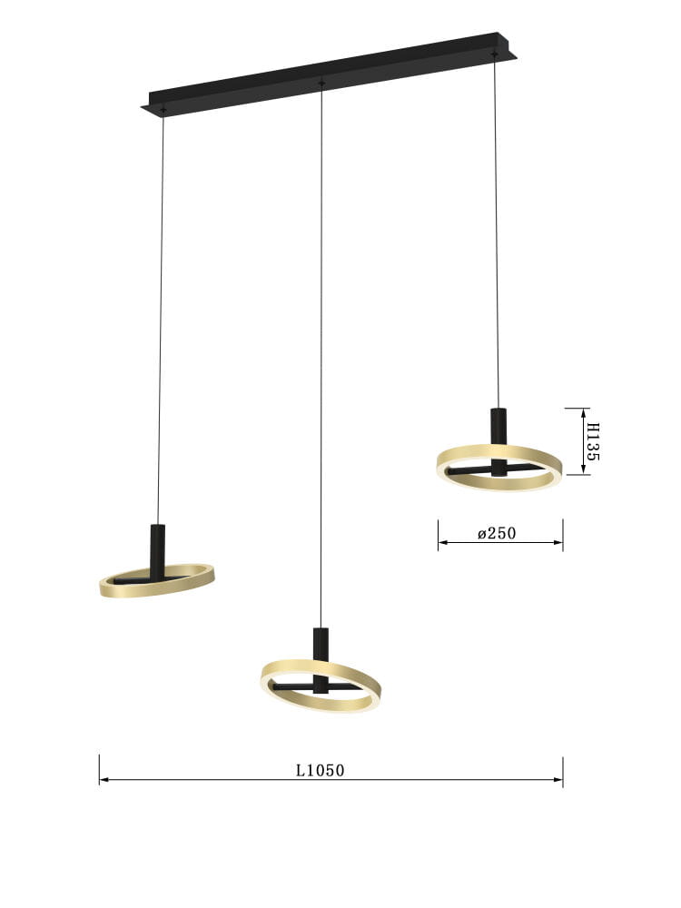 Lampa wisząca Brest z trzema źródłami LED, czarna z złotymi detalami. Okrągłe klosze o średnicy 250 mm zawieszone na czarnych przewodach. Wymiary: długość 1050 mm, wysokość 135 mm. Idealna do nowoczesnych wnętrz.