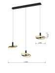 Lampa wisząca Brest z trzema źródłami LED, czarna z złotymi detalami. Okrągłe klosze o średnicy 250 mm zawieszone na czarnych przewodach. Wymiary: długość 1050 mm, wysokość 135 mm. Idealna do nowoczesnych wnętrz.
