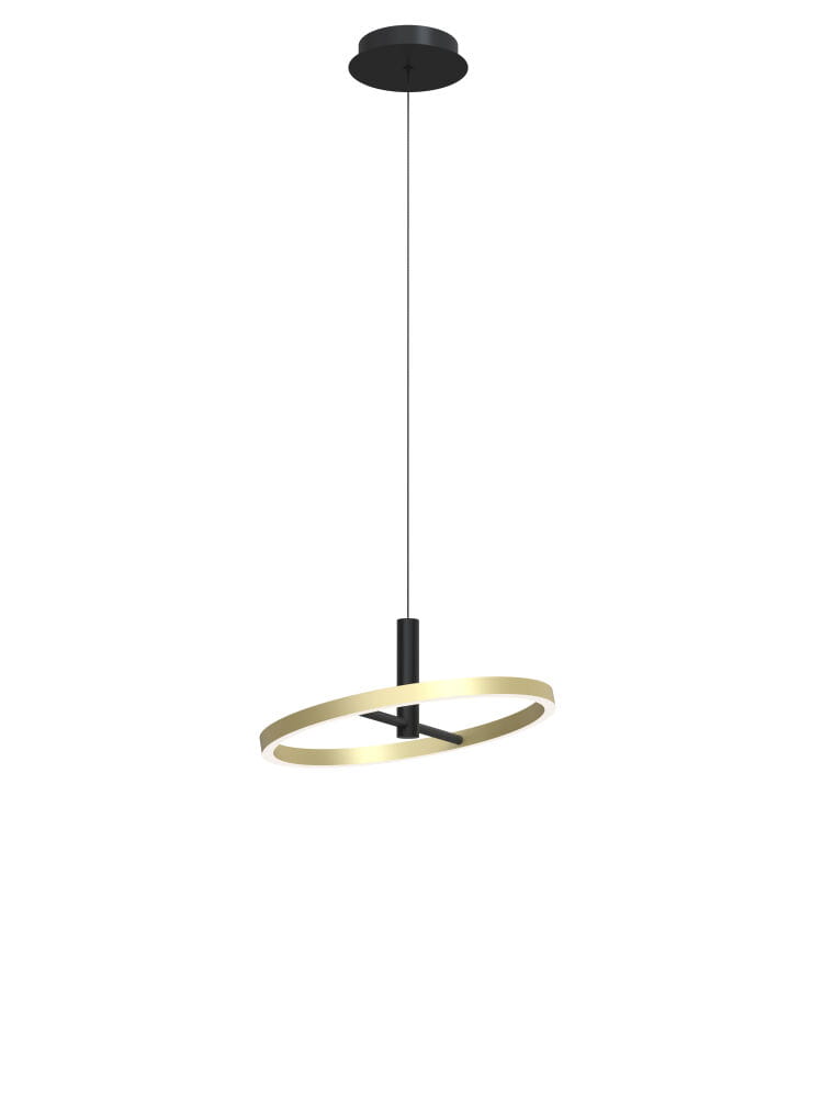 Lampa wisząca Brest z jedną diodą LED 19W, w kolorze czarnym i złotym. Okrągła, metalowa konstrukcja z czarnym uchwytem, zwisająca na cienkim przewodzie. Prosty design, idealna do nowoczesnych wnętrz.