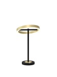 Lampa stołowa Brest w kolorze czarnym i złotym, z okrągłym metalowym kloszem oraz prostym, smukłym stelażem. Ujęcie frontalne, produkt stoi na okrągłej podstawie, prezentując nowoczesny design. Wbudowane oświetlenie LED o mocy 10,5W.