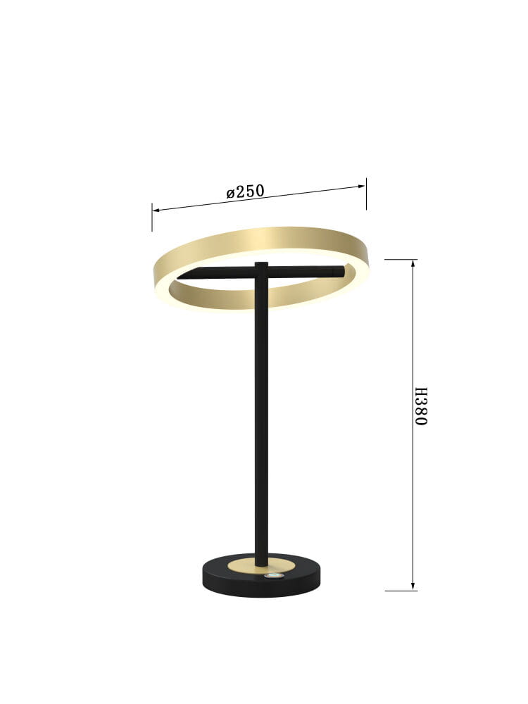 Lampa stołowa Brest w kolorze czarnym i złotym, z okrągłym kloszem o średnicy 25 cm. Wysokość 38 cm, na okrągłej podstawie. Konstrukcja metalowa, z wbudowaną diodą LED o mocy 10,5W. Design nowoczesny, minimalistyczny.