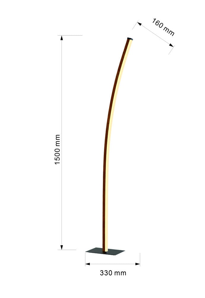 Lampa podłogowa Bologna 1xLED/21W w kolorze czarnym z drewnianą, zakrzywioną nogą. Wysokość 1500 mm, szerokość podstawy 330 mm, grubość 160 mm. Prosta, nowoczesna forma, idealna do użytku w różnych aranżacjach wnętrz.