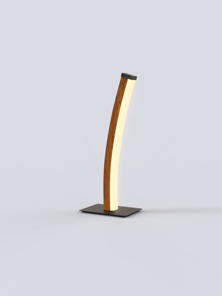 Lampa stołowa Bologna z czarną podstawą, drewnianą, zakrzywioną nogą i wbudowanym źródłem LED o mocy 10W. Ujęcie frontalne, na jednolitym tle, ukazujące elegancki design lampy.