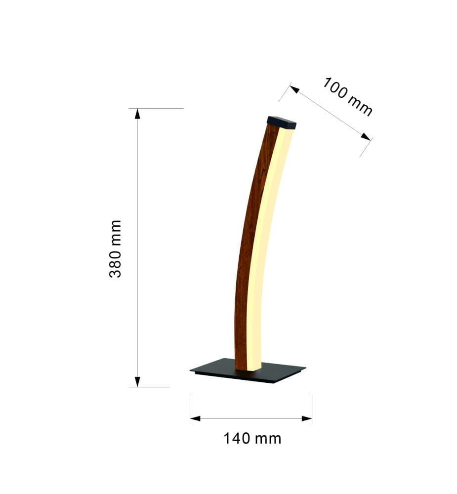 Czarna lampa stołowa Bologna z drewna o wysokości 380 mm i szerokości podstawy 140 mm. Posiada zakrzywiony kształt, z elementem w kolorze naturalnego drewna i LED o mocy 10W. Ujęcie frontalne, na jednolitym tle.