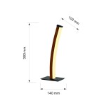 Czarna lampa stołowa Bologna z drewna o wysokości 380 mm i szerokości podstawy 140 mm. Posiada zakrzywiony kształt, z elementem w kolorze naturalnego drewna i LED o mocy 10W. Ujęcie frontalne, na jednolitym tle.