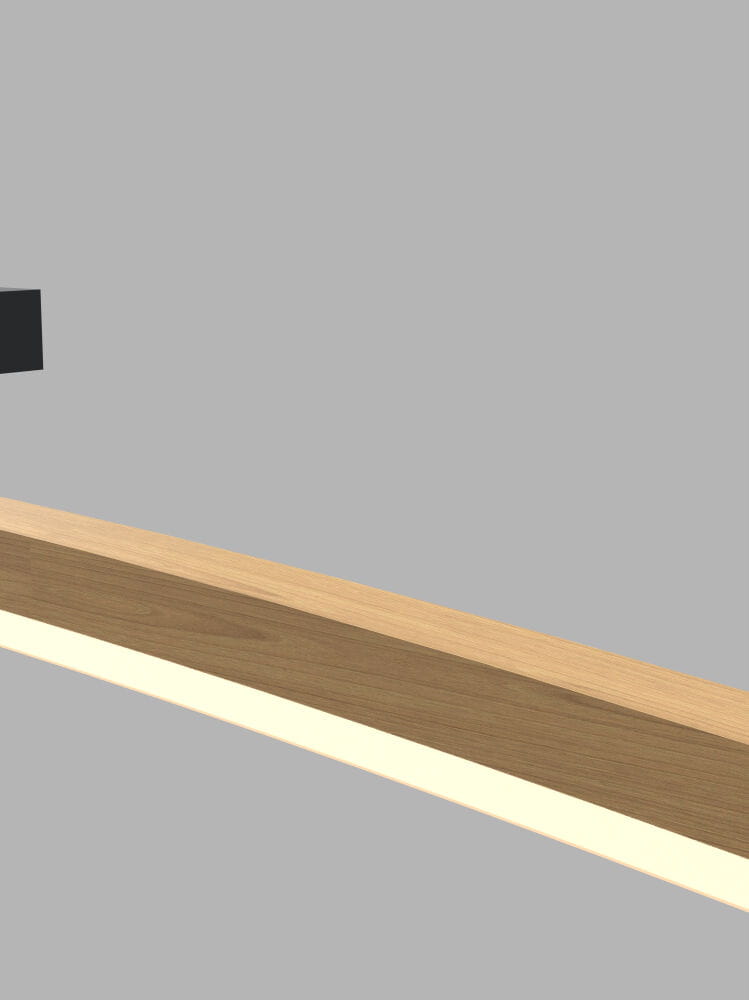 Lampa wisząca Bologna w kolorze czarnym z drewnianym akcentem, z zamontowanym źródłem LED o mocy 27W. Ujęcie z boku, pokazujące elegancki design i połączenie materiałów. Tło w odcieniach szarości.