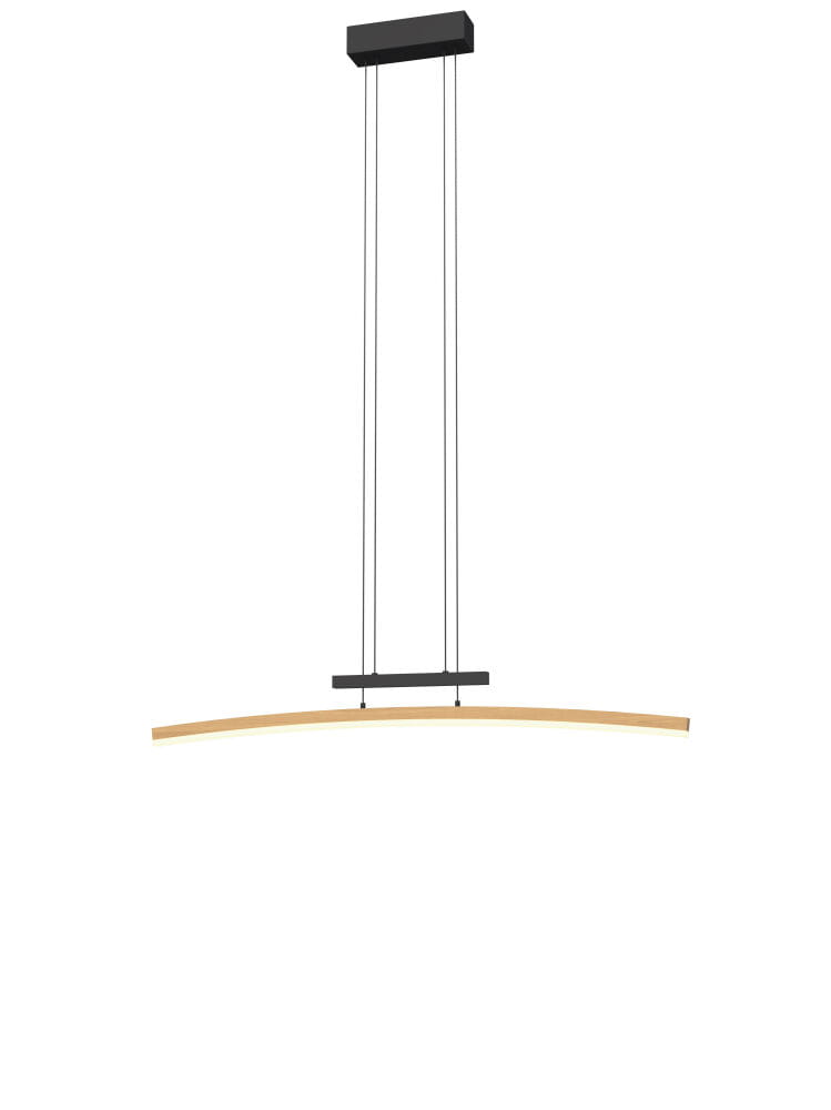 Lampa wisząca Bologna 1xLED/27W w kolorze czarnym z drewnianym akcentem. Posiada prostą, zakrzywioną formę oraz metalowy stelaż zawieszony na regulowanych linkach. Oświetlenie idealne do nowoczesnych wnętrz.