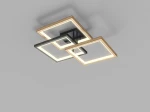 Czarna lampa sufitowa Matera z trzema źródłami LED o mocy 40W. Posiada nowoczesny design z kwadratowymi ramkami w kolorze drewna, montowana na suficie, z widocznym podświetleniem.