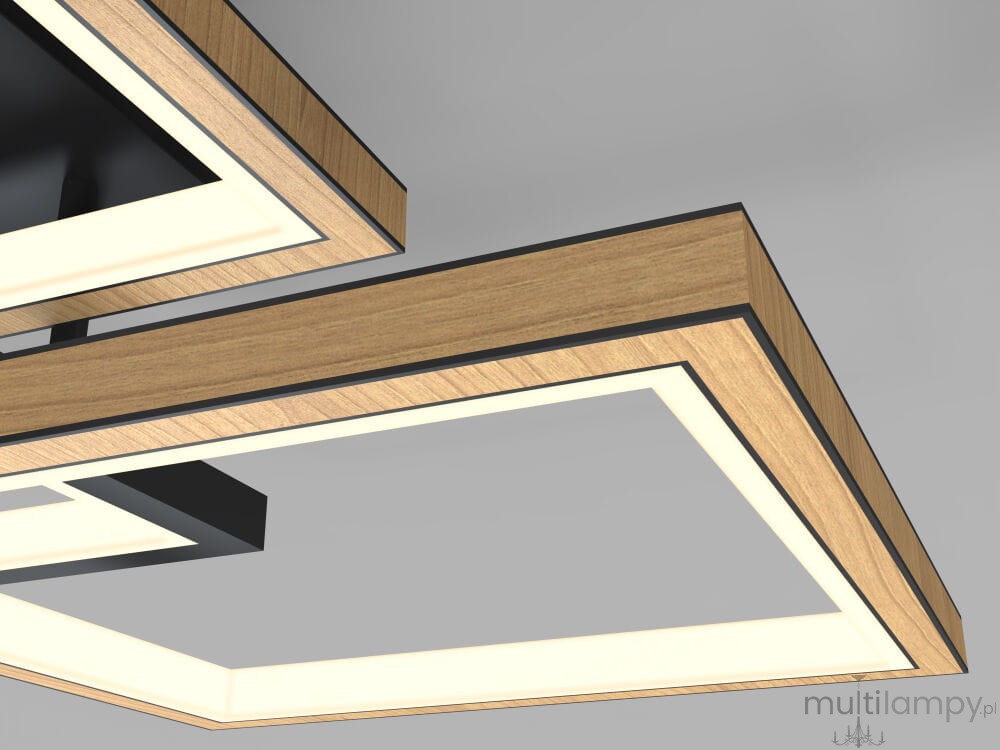 Lampa sufitowa Matera 3xLED/40W w kolorze czarnym, z prostokątnymi elementami w odcieniu drewna. Ujęcie z góry, ukazujące detale krawędzi i podświetlenie LED. Wysoka jakość wykonania, nowoczesny design.