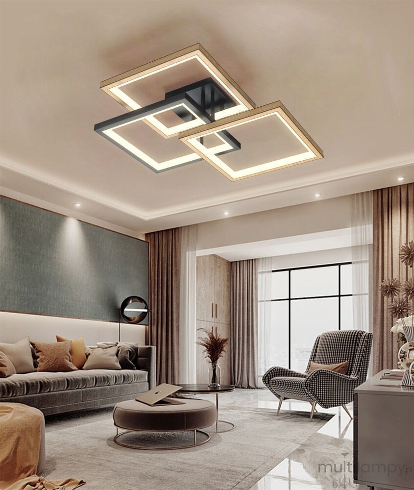 Czarna lampa sufitowa Matera z trzema modułami LED o mocy 40W, w geometrycznym układzie prostokątów. Zawieszona na suficie w nowoczesnym wnętrzu, oświetla przestrzeń w strefie dziennej. Wykonana z metalu i tworzywa sztucznego, z eleganckim wykończeniem.