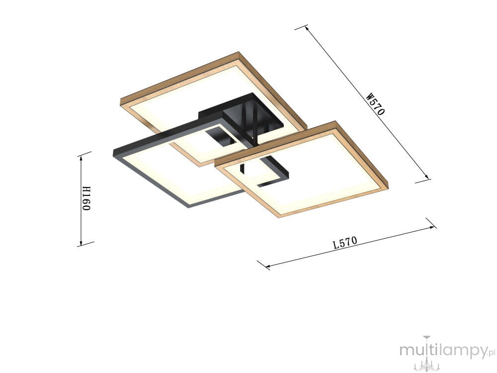 Czarna lampa sufitowa Matera z trzema źródłami LED o mocy 40W. Kwadratowy kształt z drewnianymi akcentami, wymiary 570x570x160 mm. Zamontowana na suficie, z minimalistycznym designem, idealna do nowoczesnych wnętrz.