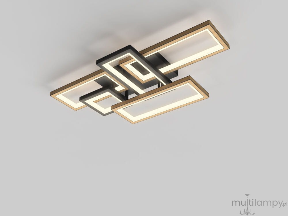 Czarna lampa sufitowa Matera z pięcioma źródłami LED o mocy 60W. Nowoczesny design z prostokątnymi ramkami, wykończona w odcieniach czerni i złota. Lampa montowana na suficie, w widoku z góry.