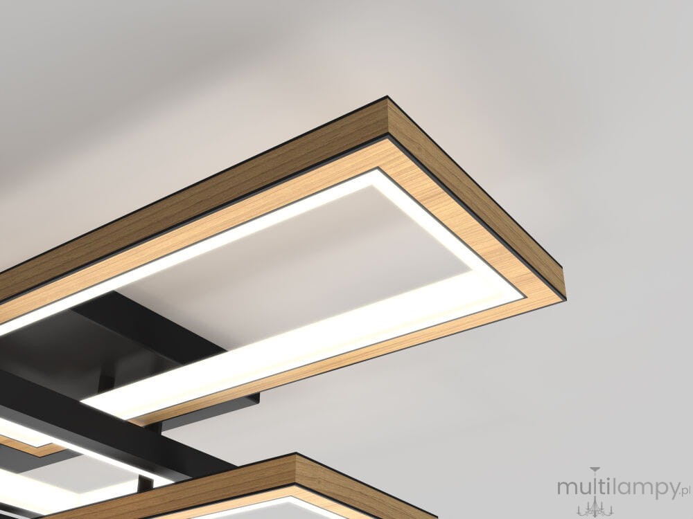 Lampa sufitowa Matera 5xLED/60W w kolorze czarnym z drewnianymi detalami. Widok z dołu, pokazujący prostokątne ramy z białym podświetleniem. Elementy metalowe i drewniane tworzą nowoczesny design.
