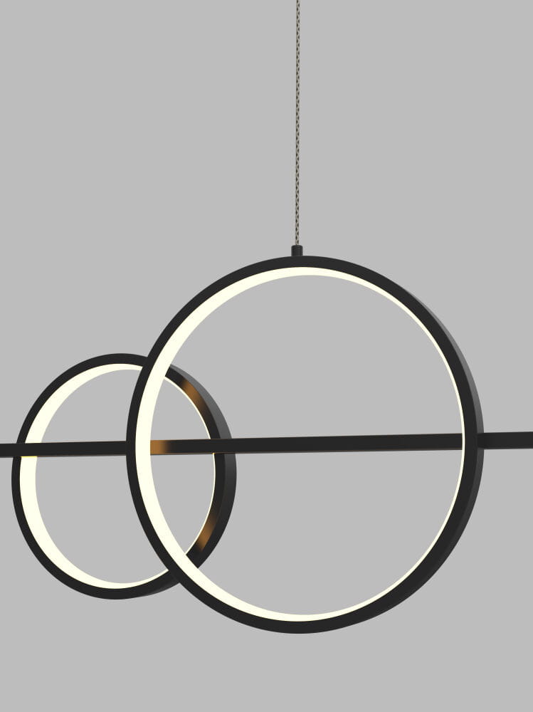 Lampa wisząca Messina w kolorze czarnym z pięcioma źródłami LED o mocy 40W. Składa się z dwóch okrągłych elementów w różnych rozmiarach, zawieszonych na cienkim przewodzie. Tło szare, minimalistyczne.