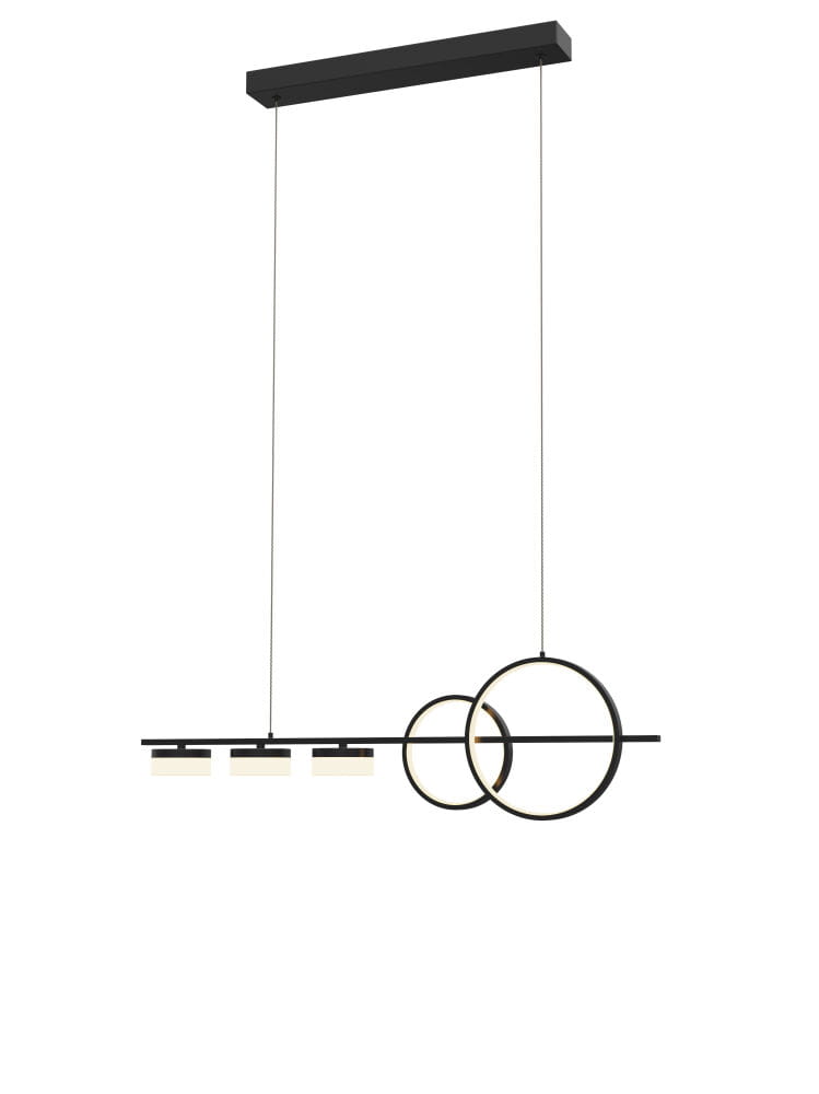 Lampa wisząca Messina w kolorze czarnym z pięcioma źródłami LED, z prostokątną podstawą i okrągłymi detalami. Zawieszona na cienkich żyłkach, prezentuje nowoczesny design z minimalistycznymi elementami.