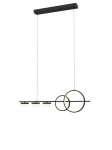 Lampa wisząca Messina w kolorze czarnym z pięcioma źródłami LED, z prostokątną podstawą i okrągłymi detalami. Zawieszona na cienkich żyłkach, prezentuje nowoczesny design z minimalistycznymi elementami.