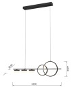 Lampa wisząca Messina z pięcioma źródłami LED, w kolorze czarnym. Posiada dwa okręgi i prostokątną podstawę. Wymiary: długość 900 mm, szerokość 100 mm, wysokość 250 mm. Zawieszona na cienkich linkach.