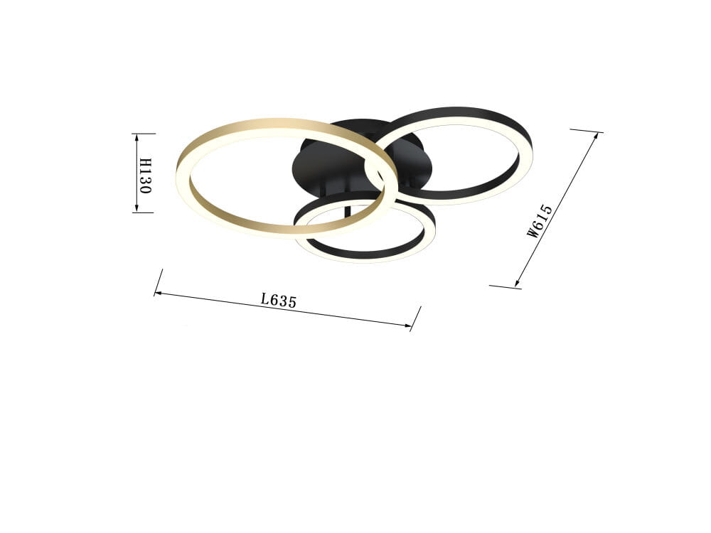 Lampa sufitowa Bayeux z trzema pierścieniami LED, w kolorze czarnym i złotym. Ujęcie z góry, widoczne wymiary: długość 635 mm, szerokość 615 mm, wysokość 130 mm. Nowoczesny design, idealna do różnych wnętrz.