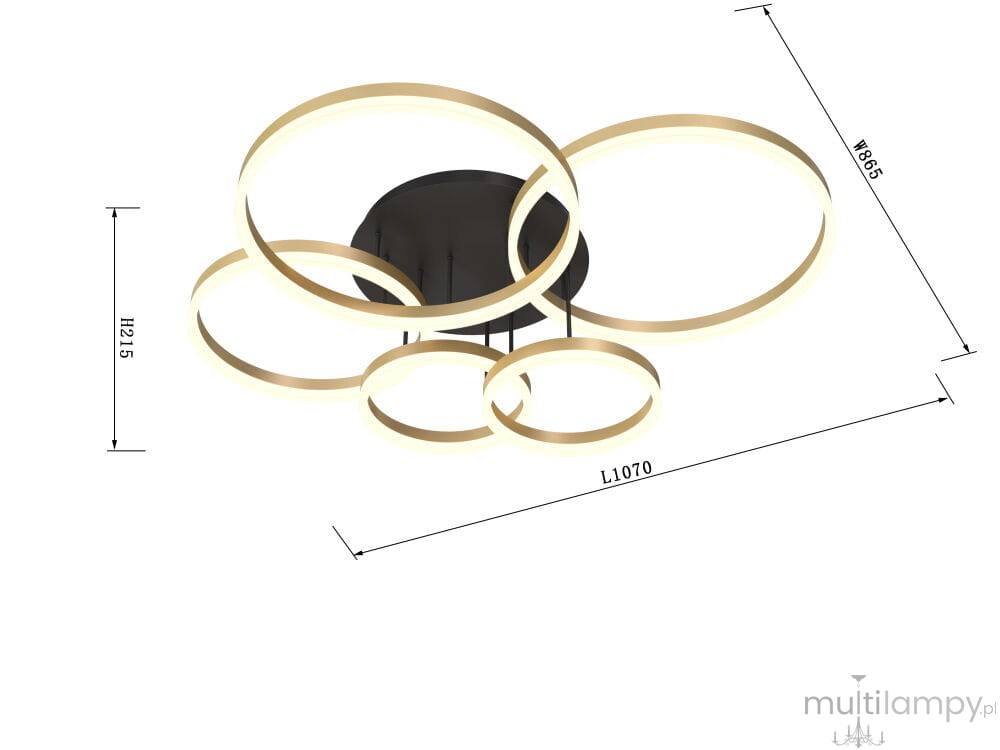 Lampa sufitowa Perpignon z pięcioma pierścieniami LED w kolorze czarnym i złotym. Wymiary: długość 1070 mm, szerokość 865 mm, wysokość 215 mm. Ujęcie z góry, pokazujące nowoczesny design oraz konstrukcję.