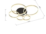 Lampa sufitowa Perpignon z pięcioma pierścieniami LED w kolorze czarnym i złotym. Wymiary: długość 1070 mm, szerokość 865 mm, wysokość 215 mm. Ujęcie z góry, pokazujące nowoczesny design oraz konstrukcję.