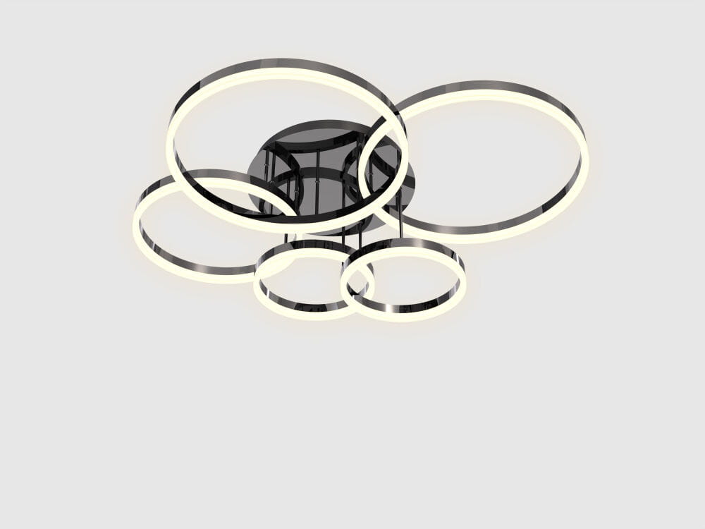 Lampa sufitowa Perpignon z pięcioma okrągłymi źródłami LED, w kolorze czarnym z chromowanymi detalami. Zestawienie różnych rozmiarów pierścieni, zamontowana na suficie, na jasnym tle.
