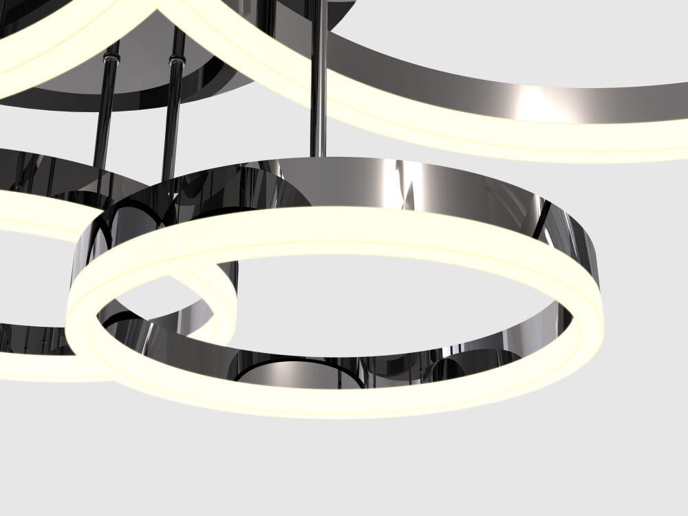 Lampa sufitowa Perpignon w kolorze czarnym z chromowanymi elementami, z pięcioma okrągłymi źródłami światła LED. Widziana z dołu, z widocznymi detalami i połączeniami. Nowoczesny design z delikatnym podświetleniem.