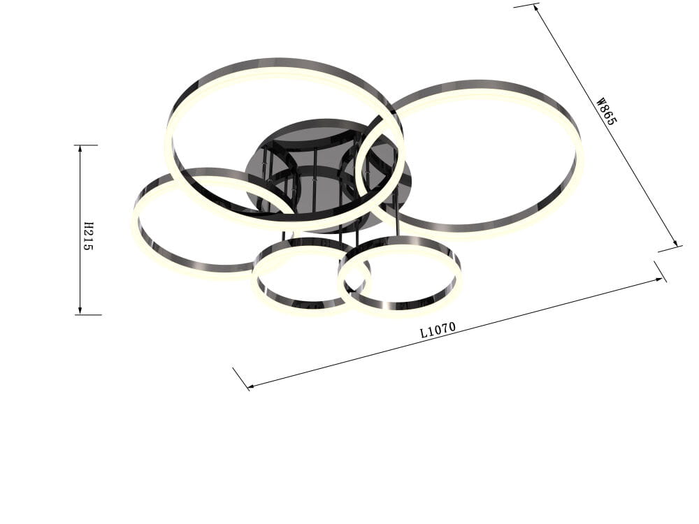 Lampa sufitowa Perpignon z pięcioma okręgami LED, czarna z chromowanymi akcentami. Kąt ujęcia z góry, ukazujący wymiary: długość 1070 mm, szerokość 865 mm, wysokość 215 mm. Nowoczesny design idealny do aranżacji wnętrz.