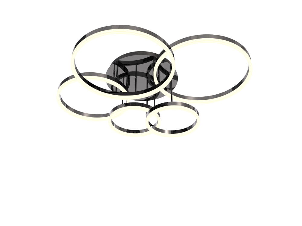 Lampa sufitowa Perpignon z pięcioma okręgami LED w kolorze czarnym i chromowanym. Wisi na suficie, z widocznymi podświetleniami. Nowoczesny design z dynamicznym ułożeniem pierścieni, idealna do nowoczesnych wnętrz.