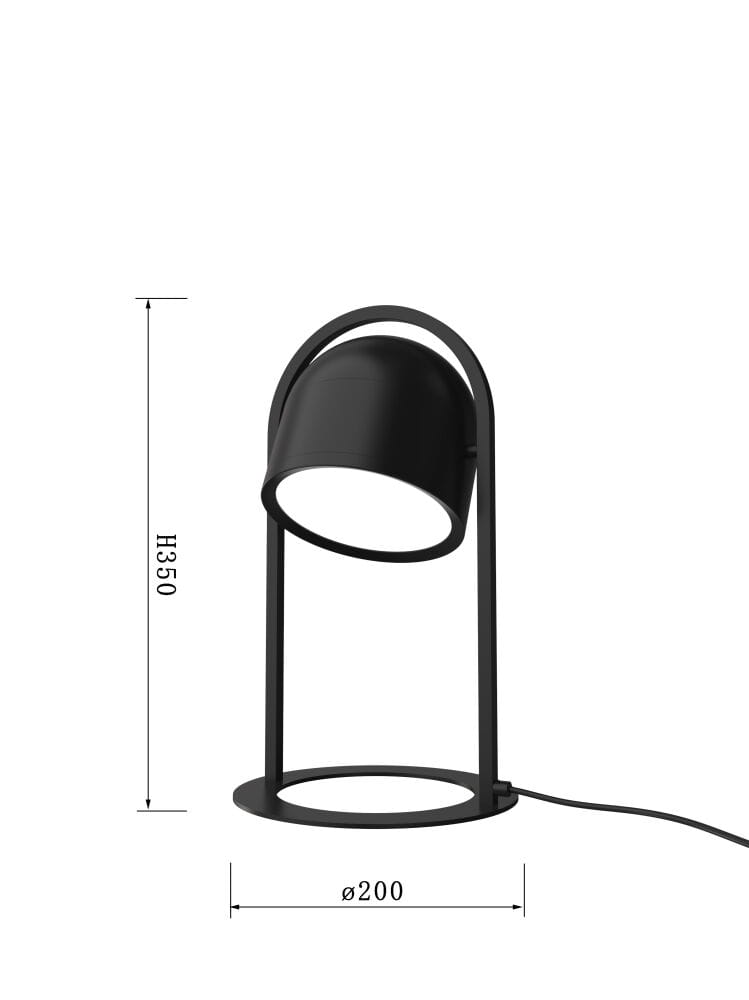 Lampa stołowa Nizza w kolorze czarnym, wykonana z metalu, z okrągłą podstawą i cylindrycznym kloszem. Wysokość 350 mm, średnica podstawy 200 mm. Klosz skierowany lekko w dół, kabel zasilający widoczny. Idealna do nowoczesnych wnętrz.