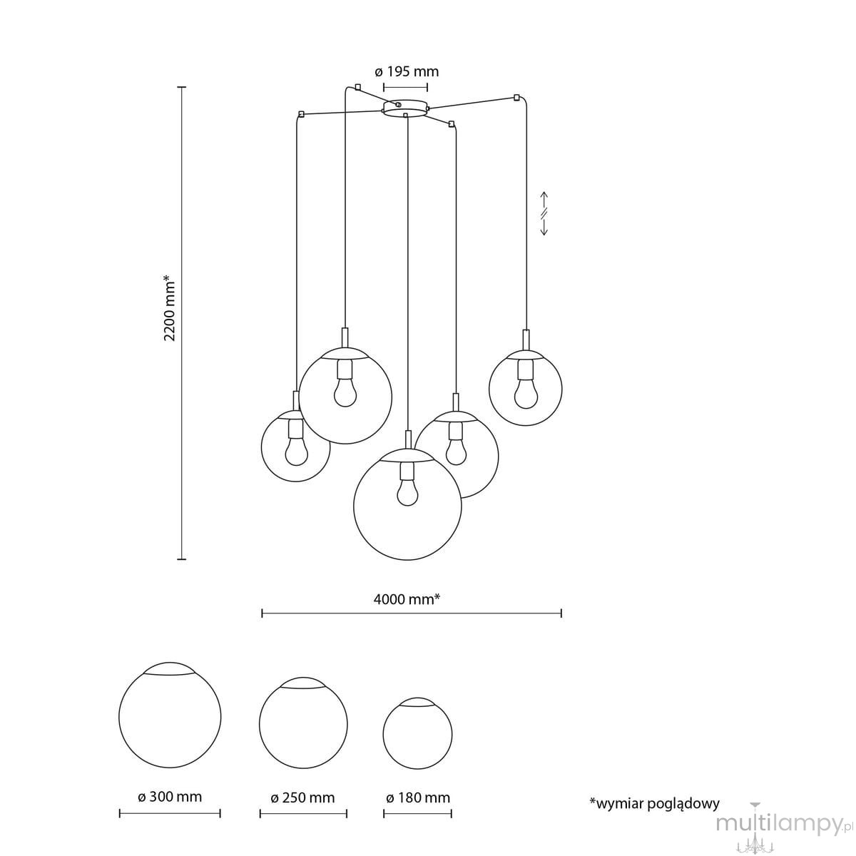 Lampa wisząca Esme z pięcioma kloszami E27 w kolorze czarnym i grafitowym. Klosze o różnych średnicach: 300 mm, 250 mm i 180 mm, zawieszone na regulowanych linkach. Wymiary: średnica podstawy 195 mm, wysokość 2200 mm, szerokość 4000 mm.