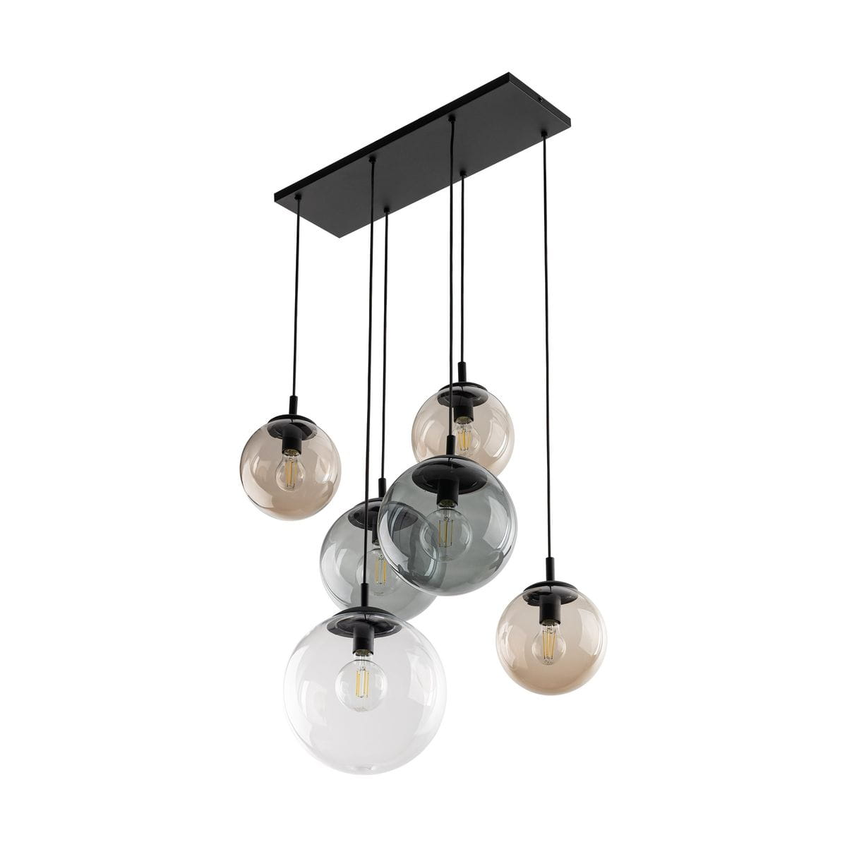 Lampa wisząca Esme z sześcioma kulistymi kloszami w różnych odcieniach szarości i przezroczystym, zawieszona na czarnym stelażu. Klosze o różnych rozmiarach, podwieszone na czarnych linkach, tworzą efektowną kompozycję.