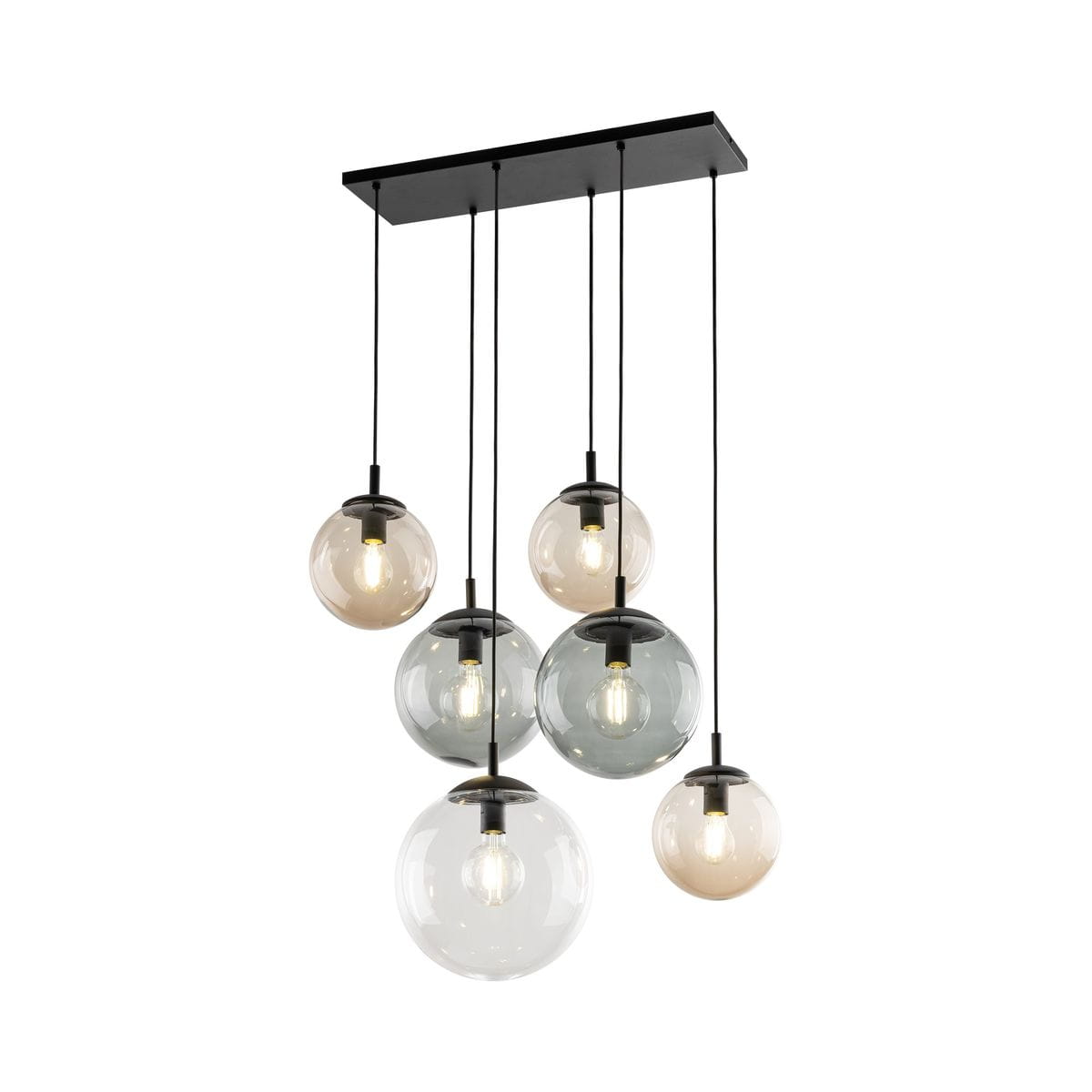 Lampa wisząca Esme z sześcioma kloszami w kształcie kul, wykonana z przezroczystego szkła w różnych kolorach, zawieszona na czarnej płytce sufitowej. Klosze mają różne odcienie, w tym przezroczysty, szary i brązowy.