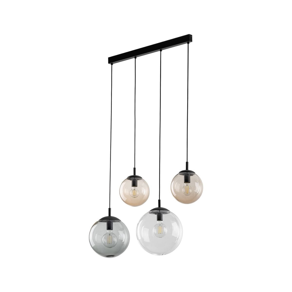 Lampa wisząca Esme z czterema kulistymi kloszami w różnych odcieniach (szary, przezroczysty, brązowy) zawieszona na czarnym stelażu. Klosze mają widoczne żarówki E27, zawieszone na czarnych linkach, w aranżacji na jednolitym tle.