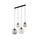 Lampa wisząca Esme z czterema kulistymi kloszami w różnych odcieniach (szary, przezroczysty, brązowy) zawieszona na czarnym stelażu. Klosze mają widoczne żarówki E27, zawieszone na czarnych linkach, w aranżacji na jednolitym tle.