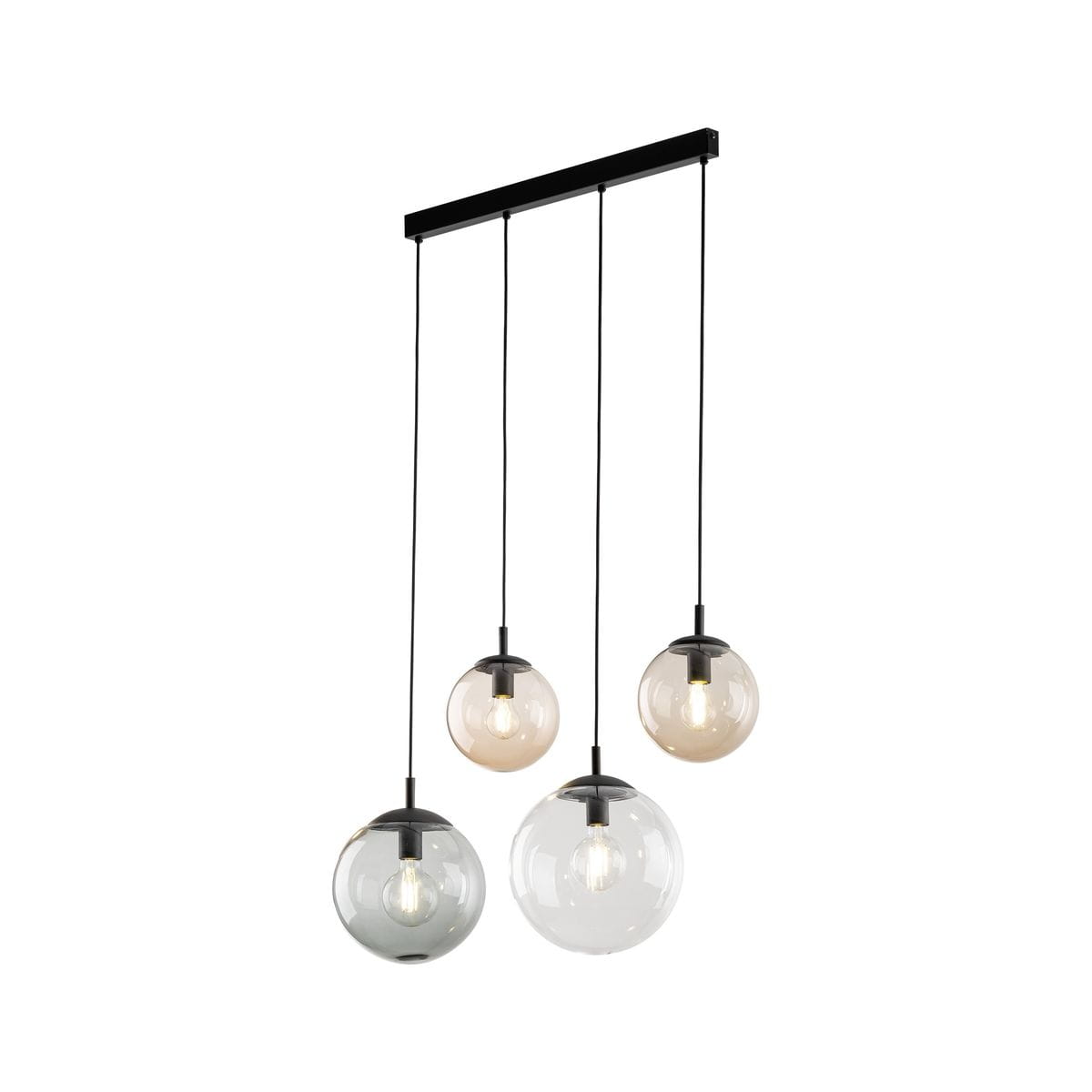 Lampa wisząca Esme z czterema kulistymi kloszami w różnych kolorach, zawieszona na czarnym stelażu. Klosze o różnych odcieniach, w tym przezroczystym, szarym i beżowym, zwisają na czarnych przewodach. Idealna do nowoczesnych wnętrz.