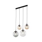 Lampa wisząca Esme z czterema kulistymi kloszami w różnych kolorach, zawieszona na czarnym stelażu. Klosze o różnych odcieniach, w tym przezroczystym, szarym i beżowym, zwisają na czarnych przewodach. Idealna do nowoczesnych wnętrz.