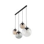Lampa wisząca Esme z czarnym metalowym stelażem i czterema szklanymi kloszami w odcieniach przezroczystym, szarym i brązowym. Klosze w różnych rozmiarach, zawieszone na czarnych przewodach. Idealna do nowoczesnych wnętrz.