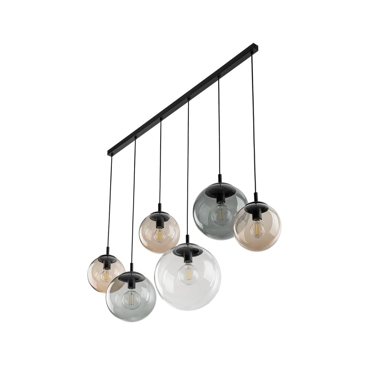Lampa wisząca Esme z sześcioma kulistymi kloszami w różnych odcieniach (przezroczysty, szary, brązowy) zawieszona na czarnej listwie. Klosze mają czarne mocowania, a całość tworzy nowoczesny design. Długość przewodów umożliwia regulację wysokości.