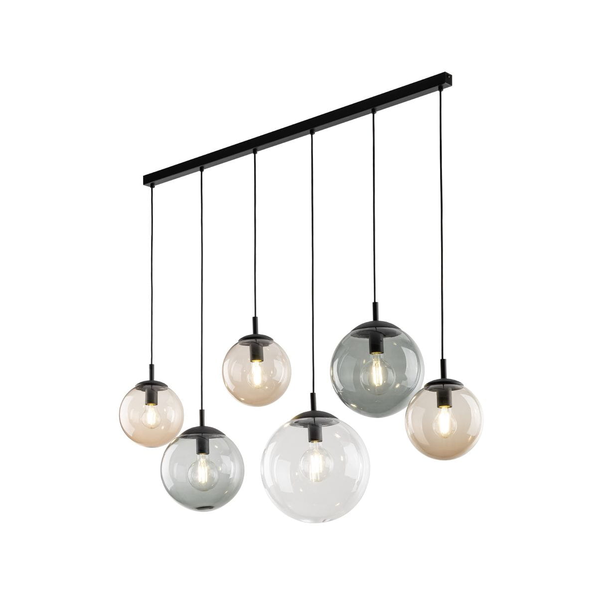 Lampa wisząca Esme z sześcioma kloszami E27 w różnych kolorach, zawieszona na czarnej, prostokątnej belce. Klosze mają różne rozmiary, wykonane z przezroczystego szkła, wiszące na czarnych przewodach.
