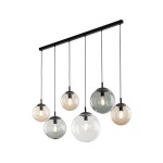 Lampa wisząca Esme z sześcioma kloszami E27 w różnych kolorach, zawieszona na czarnej, prostokątnej belce. Klosze mają różne rozmiary, wykonane z przezroczystego szkła, wiszące na czarnych przewodach.