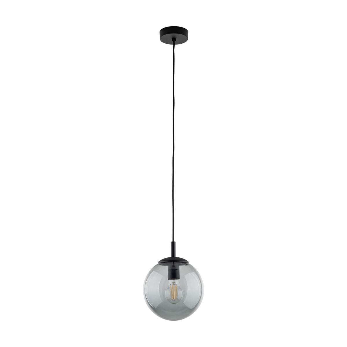Lampa wisząca Esme D25 w kolorze czarnym i grafitowym, z przezroczystą kulistą osłoną. Zawieszona na czarnym kablu z okrągłym mocowaniem sufitowym. Źródło światła E27 widoczne wewnątrz klosza.