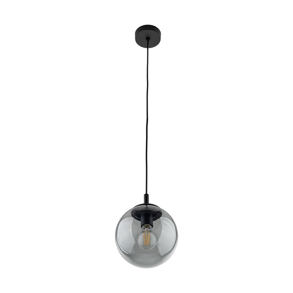 Lampa wisząca Esme D25 z czarnym i grafitowym wykończeniem, z okrągłym kloszem ze szkła. Zawieszona na cienkim, czarnym kablu, z oprawką na żarówkę E27. Prosta, nowoczesna forma, idealna do aranżacji wnętrz.